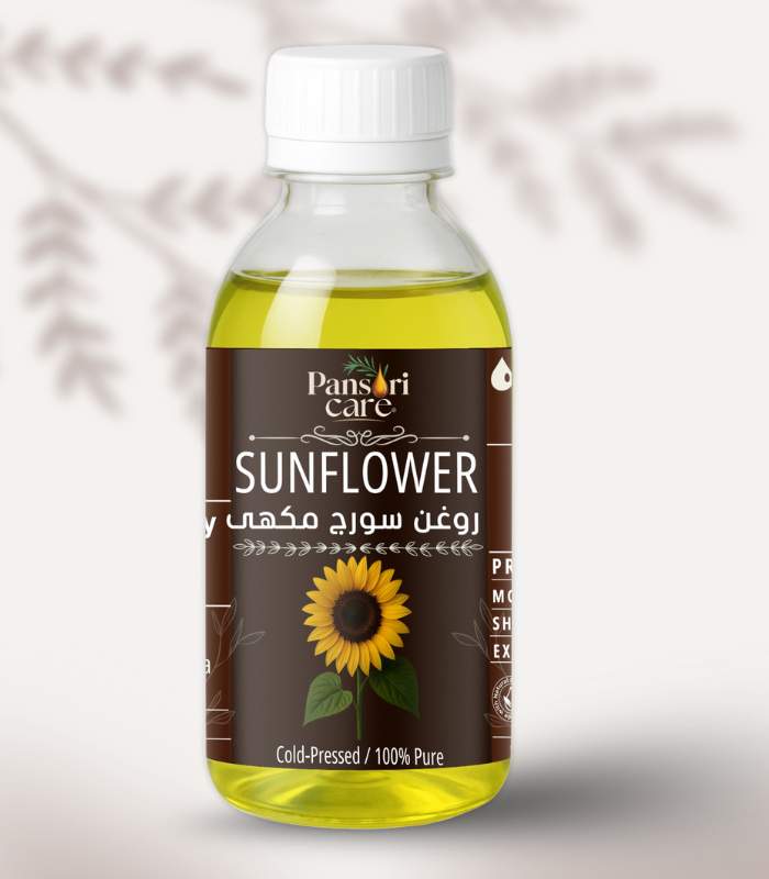 sunflower Pansari Care Sunflower Oil bottle with fresh sunflower heads and sunflower seeds.