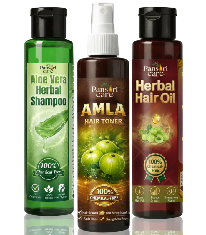 Pansari Care Hair Growth Package featuring Aloe Vera Shampoo, Herbal Hair Oil, and Amla Hair Toner for hair fall and dandruff.